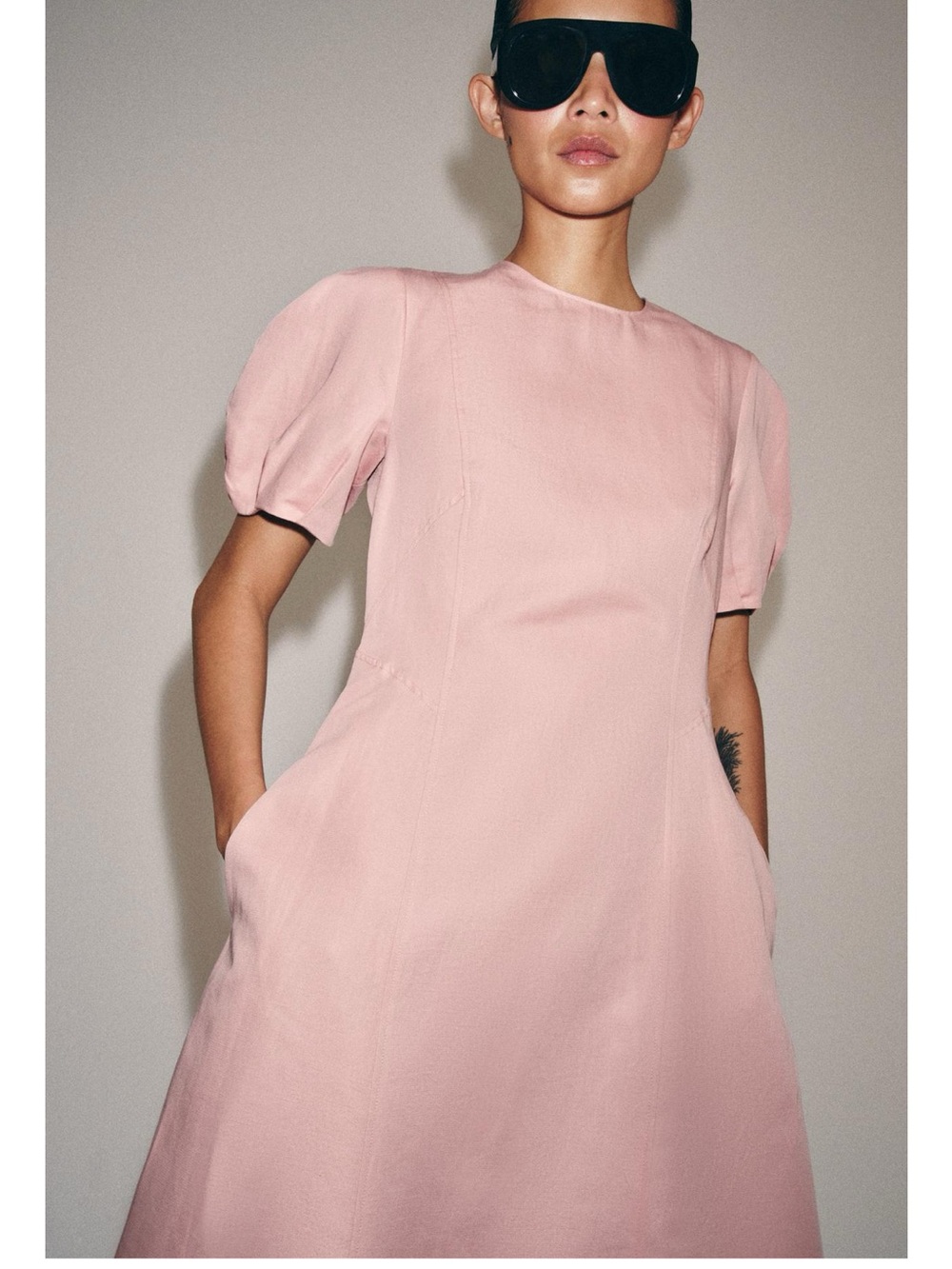 Zara Light Pink Puff Sleeve A-Line Linen blend midi Dress#22929 - Picture 3 of 9